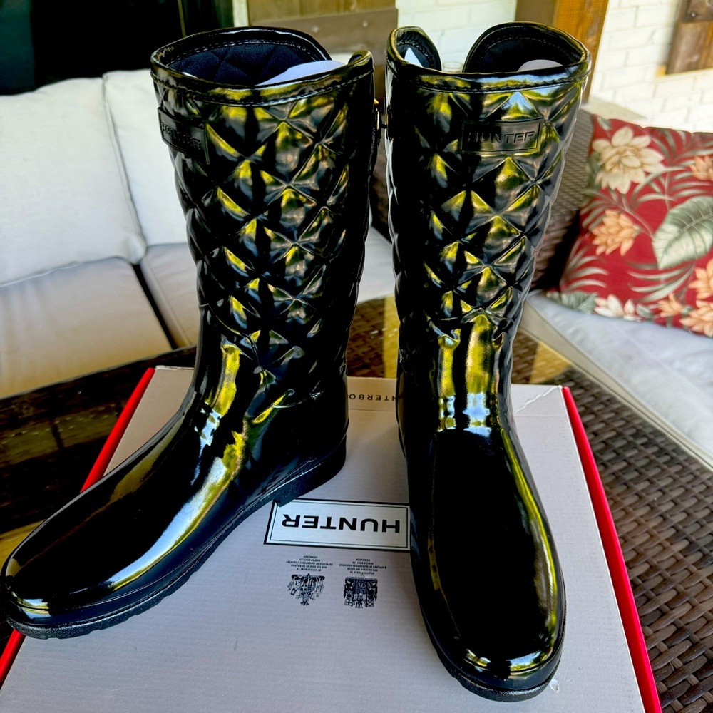 Limited Hunter Boot Short Refined Gloss Quilt Black waterproof